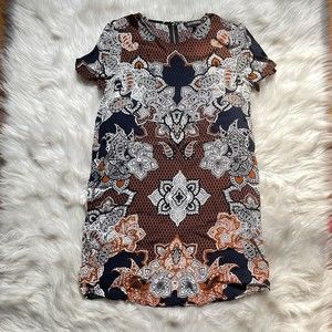 Express Short Sleeve Shift Dress Manadala Paisley Size XSP Boho Navy Blue Orange